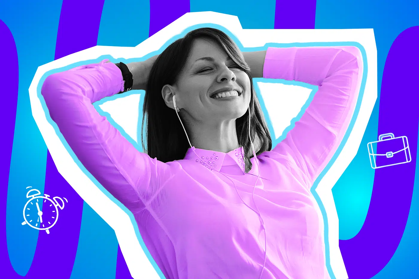 Befreiende Collage zum Thema Feierabend und Work-Life-Balance: Eine tiefenentspannt lächelnde Frau in Schwarz-Weiß lehnt sich mit geschlossenen Augen und verschränkten Armen hinter dem Kopf genüsslich zurück. Sie trägt eine leuchtend pinke Bluse mit Kragen und kabelgebundene Kopfhörer. Neben ihr schweben weiße Icons eines klingelnden Weckers und eines Aktenkoffers. Das Pop-Art-Motiv vor einem blau-violetten Wellen-Hintergrund visualisiert humorvoll das pure Glücksgefühl, die absolute Erleichterung und das sprichwörtliche „Zuklappen des Laptops“ nach einem langen Arbeitstag.