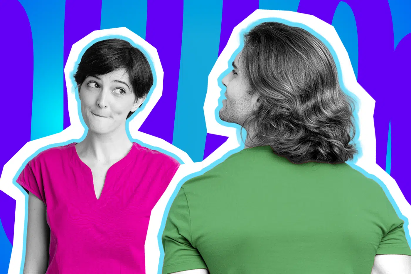 Humorvolle Collage zum Thema Frisuren-Frust und Haare wachsen lassen: Auf der linken Seite blickt eine Frau in Schwarz-Weiß mit einem kurzen Pixie-Cut und leicht zusammengepressten Lippen fast schon neidisch zur Seite. Sie trägt ein leuchtend pinkes T-Shirt. Rechts im Bild steht ein Mann in Schwarz-Weiß, von hinten im Profil gesehen, der eine beeindruckende, lange und gewellte Haarpracht präsentiert. Er trägt ein knallgrünes T-Shirt. Das Pop-Art-Motiv vor einem markanten blau-violetten Wellen-Hintergrund visualisiert pointiert den ewigen Neid auf die Haare der anderen und den absolut frustrierenden Teufelskreis zwischen „Ich lasse sie jetzt wachsen“ und „Ich schneide sie alle wieder ab