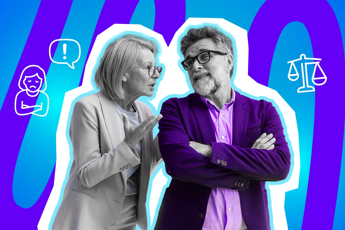 Moderne Grafik, die die Frustration über das „Hepeating“-Phänomen am Arbeitsplatz darstellt. Die Illustration zeigt das Ungleichgewicht in der Kommunikation zwischen den Geschlechtern. Ideal für Blogbeiträge über Feminismus im Büro, Ideenklau, Gleichberechtigung und humorvolle Aufreger-Geschichten.