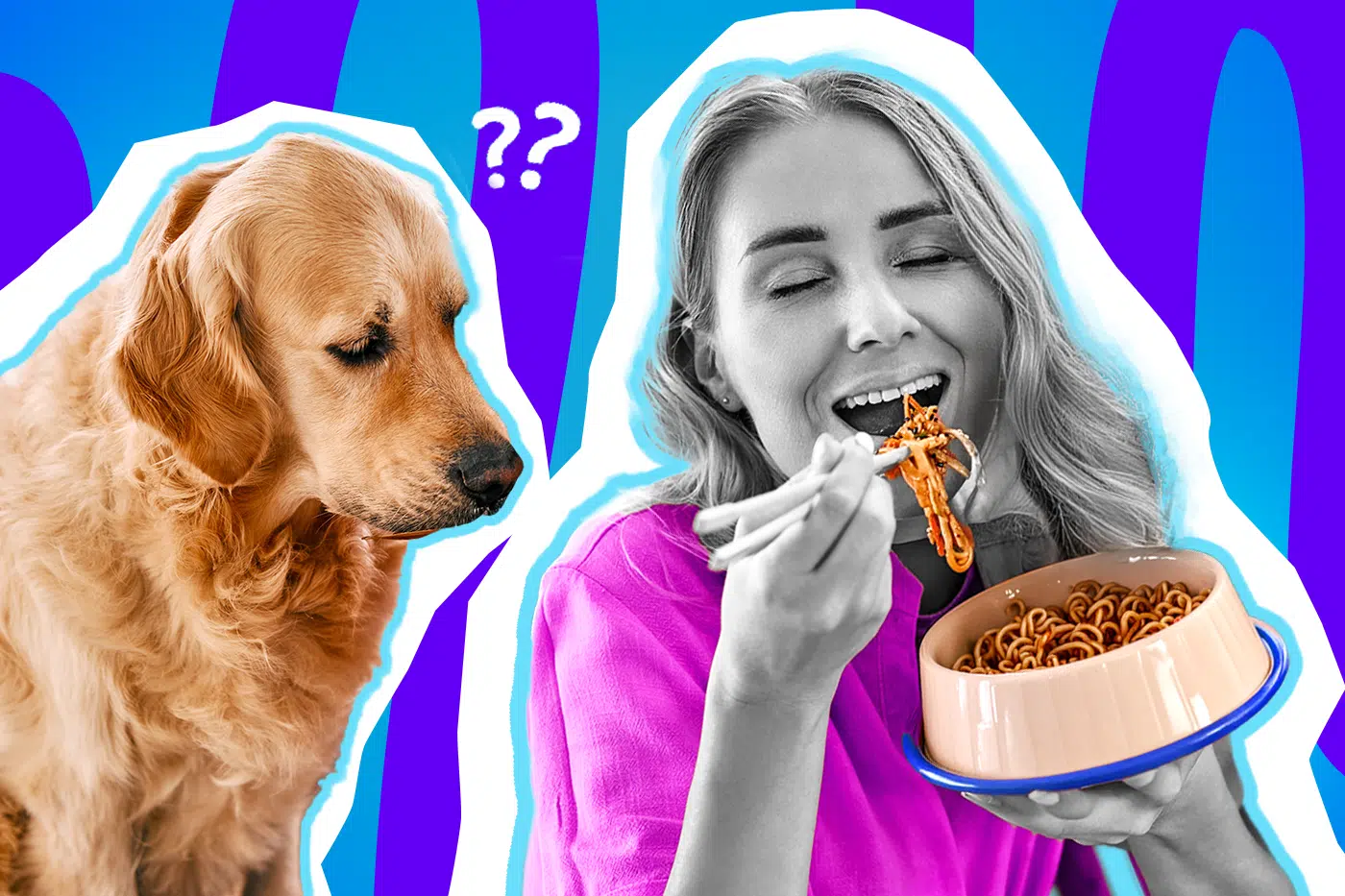Humorvolle Collage zum Thema absurde Situationen: Ein verwirrt dreinblickender Golden Retriever schaut irritiert auf eine Frau in Schwarz-Weiß. Die Frau trägt ein leuchtend pinkes Shirt, hat die Augen genüsslich geschlossen und isst mit Stäbchen Nudeln aus einem Hundenapf. Weiße Fragezeichen-Icons über dem Kopf des Hundes und der blau-violette Wellen-Hintergrund unterstreichen humorvoll den ultimativen "WTF-Moment" und tägliche Verrücktheiten.