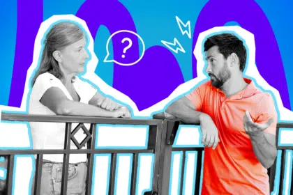 Moderne Grafik, die den klassischen Plausch oder Streit am Gartenzaun darstellt. Ein Mann und eine Frau im Gespräch symbolisieren perfekt den Mikrokosmos Nachbarschaft. Ideal für Blogbeiträge über gute Nachbarn, lästige Streitereien, Paket-Probleme und humorvolle Wohn-Anekdoten.