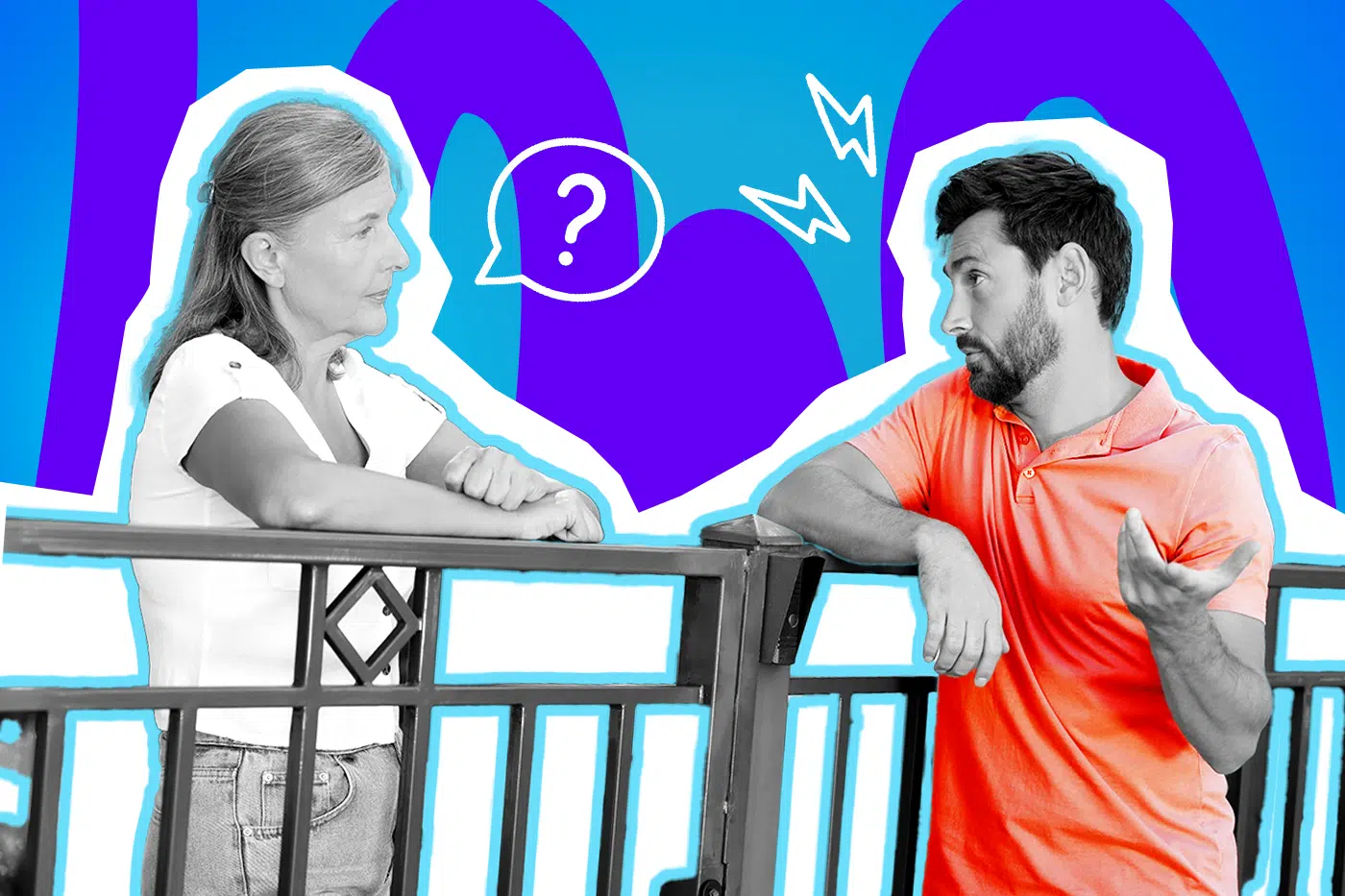 Moderne Grafik, die den klassischen Plausch oder Streit am Gartenzaun darstellt. Ein Mann und eine Frau im Gespräch symbolisieren perfekt den Mikrokosmos Nachbarschaft. Ideal für Blogbeiträge über gute Nachbarn, lästige Streitereien, Paket-Probleme und humorvolle Wohn-Anekdoten.