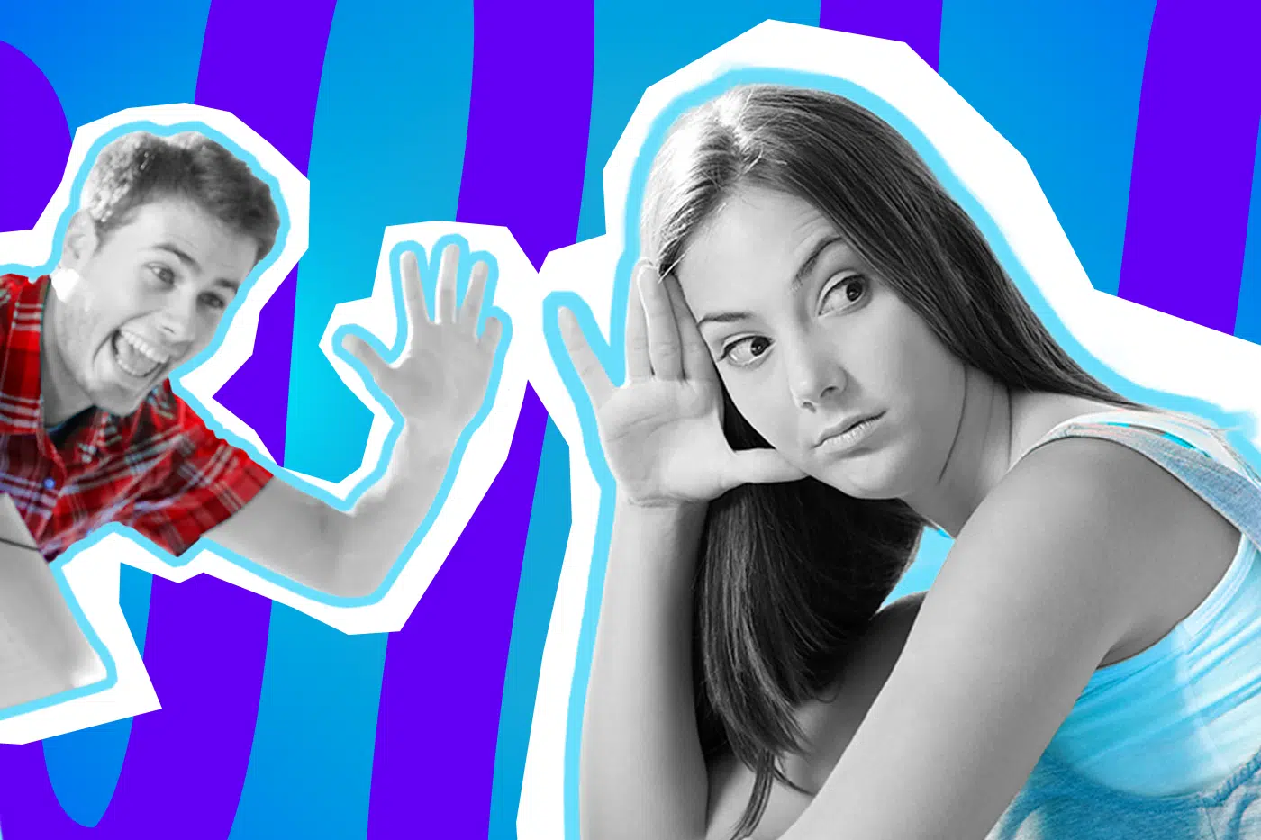 Humorvolle Collage zum Thema Dating-Fails und unangenehme Flirts: Auf der linken Seite winkt ein völlig übermotivierter Mann in Schwarz-Weiß mit weit aufgerissenem Mund geradezu aufdringlich in die Kamera. Er trägt ein leuchtend rotes Karohemd. Rechts daneben sitzt eine Frau in Schwarz-Weiß mit einem hellblauen Top, stützt den Kopf genervt auf ihre Hand und blickt extrem skeptisch und abgeneigt zur Seite. Das Pop-Art-Motiv vor einem blau-violetten Wellen-Hintergrund visualisiert punktgenau den puren Cringe-Faktor, furchtbare Anmachsprüche und die absolute Erschöpfung beim modernen Dating.