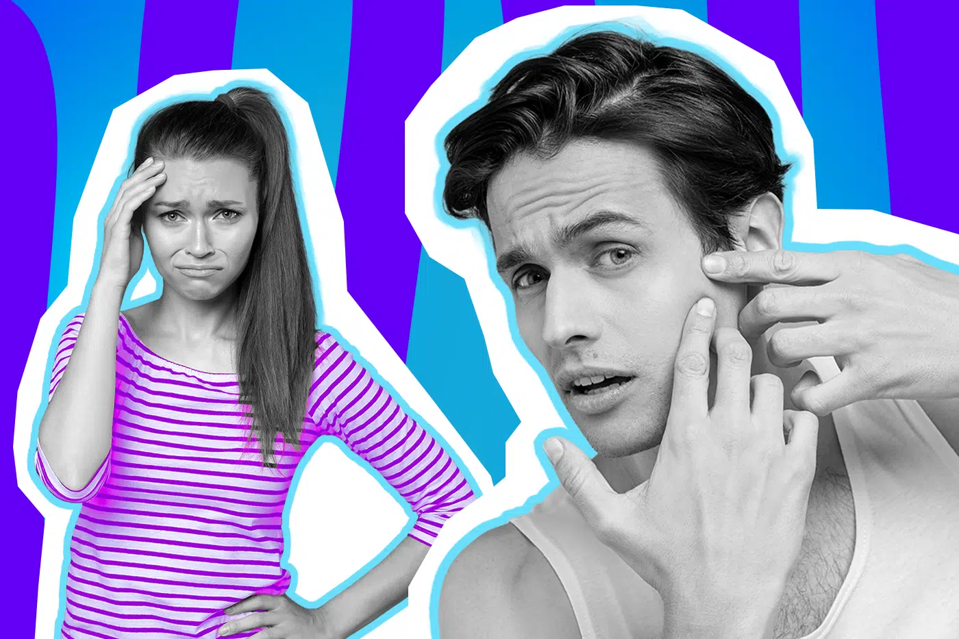 Humorvolle Collage zum Thema Hautpflege-Fails und Pickel ausdrücken: Auf der rechten Seite drückt sich ein Mann in Schwarz-Weiß mit hochkonzentriertem Blick einen Pickel auf der Wange aus. Auf der linken Seite fasst sich eine Frau in Schwarz-Weiß mit einem schmerzverzerrten, leicht angewiderten Blick an die Stirn. Sie trägt ein leuchtend lila-weiß gestreiftes Oberteil. Das Pop-Art-Motiv vor einem blau-violetten Wellen-Hintergrund visualisiert humorvoll das geradezu zwanghafte (und oft bereute) Bedürfnis, an Hautunreinheiten herumzudrücken, und den leichten Ekel, der damit einhergeht.