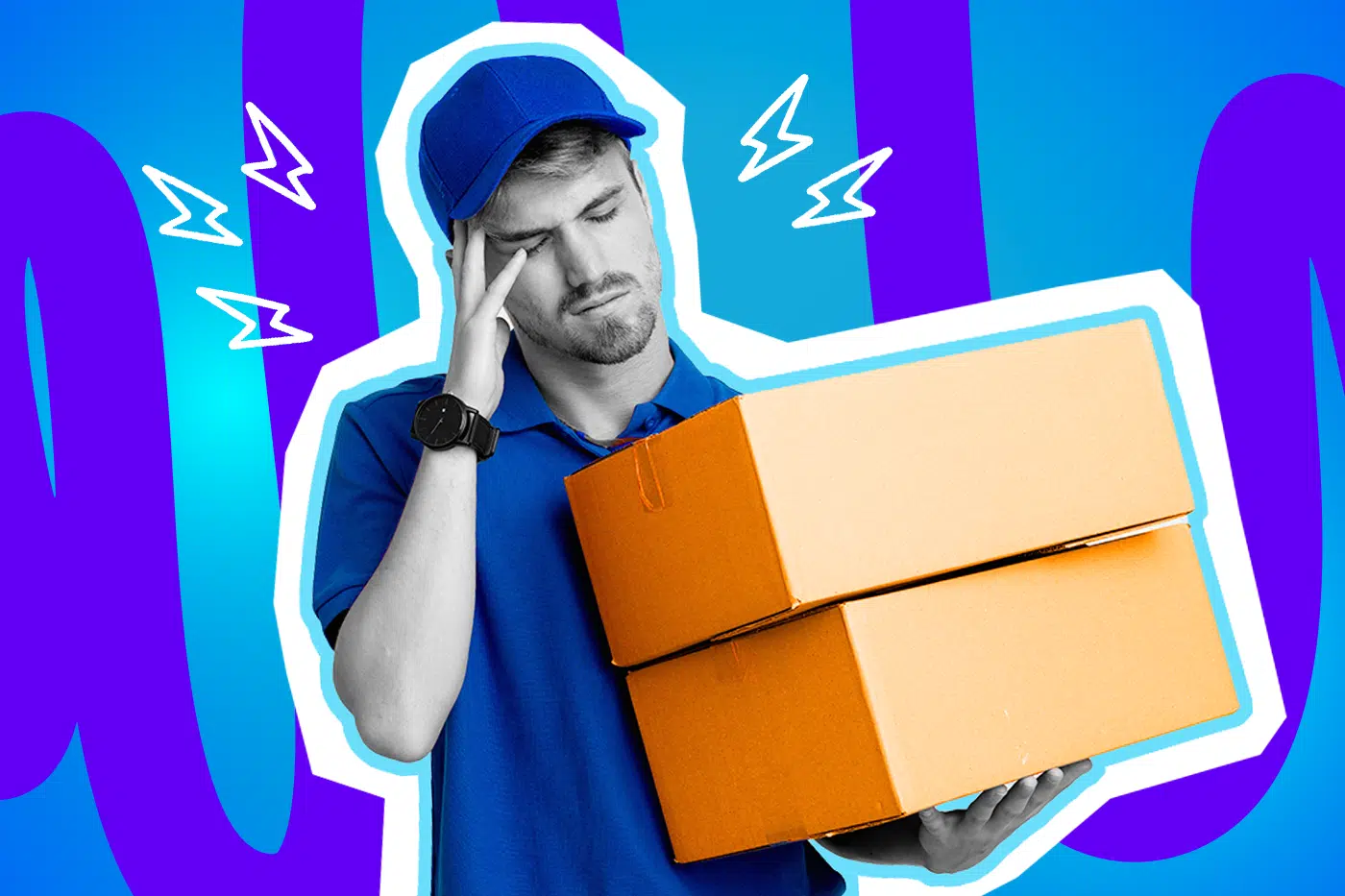 Humorvolle Collage zum Thema Paketdienste und Liefer-Frust: Ein völlig erschöpft und genervt blickender Paketbote in Schwarz-Weiß schließt resigniert die Augen und fasst sich gestresst an die Schläfe. Er trägt eine leuchtend blaue Uniform samt Kappe und balanciert auf dem anderen Arm zwei große, knallorangefarbene Pakete. Weiße Blitz-Icons um seinen Kopf und das Pop-Art-Motiv vor einem markanten blau-violetten Wellen-Hintergrund visualisieren pointiert den absoluten Zustell-Wahnsinn, verschwundene Sendungen und das kollektive Kopfschmerzen, das manche Paketdienste bei uns auslösen.