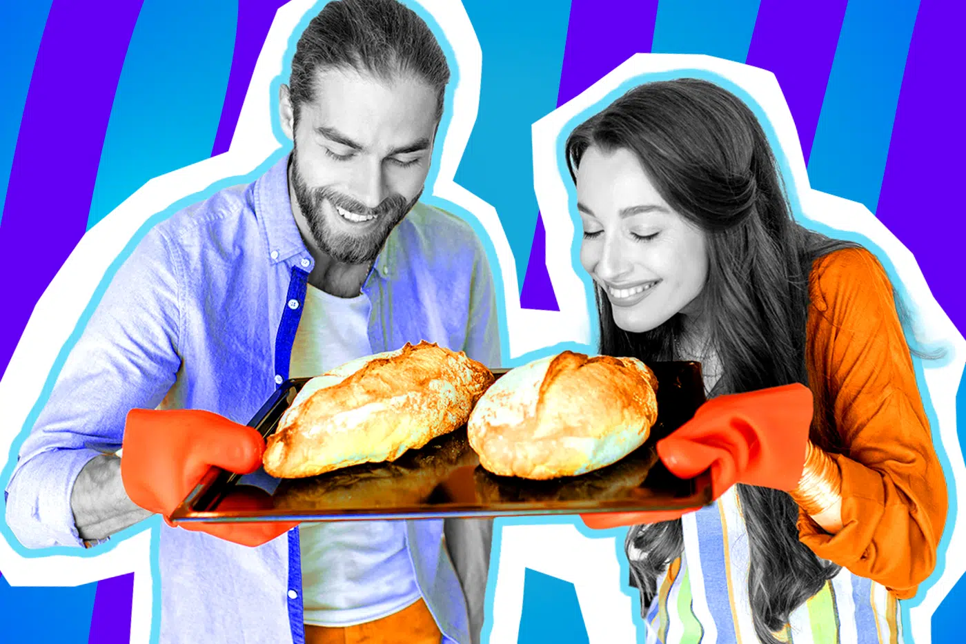 Humorvolle Collage zum Thema Brot backen und Sauerteig-Trend: Ein lächelndes Paar in Schwarz-Weiß (Mann links, Frau rechts) blickt voller Stolz und fast schon elterlicher Liebe auf ein schwarzes Backblech hinab. Darauf liegen zwei frisch gebackene, goldbraune und knusprige Brote in Farbe. Beide tragen leuchtend orangefarbene Ofenhandschuhe. Der Mann trägt zudem ein blaues Hemd, die Frau ein orangefarbenes Oberteil. Das Pop-Art-Motiv vor einem markanten blau-violetten Wellen-Hintergrund visualisiert pointiert das absolute Triumphgefühl, wenn das hochkomplexe Projekt „Sauerteig“ nach unzähligen Fütterungen und Falten tatsächlich gelungen ist.