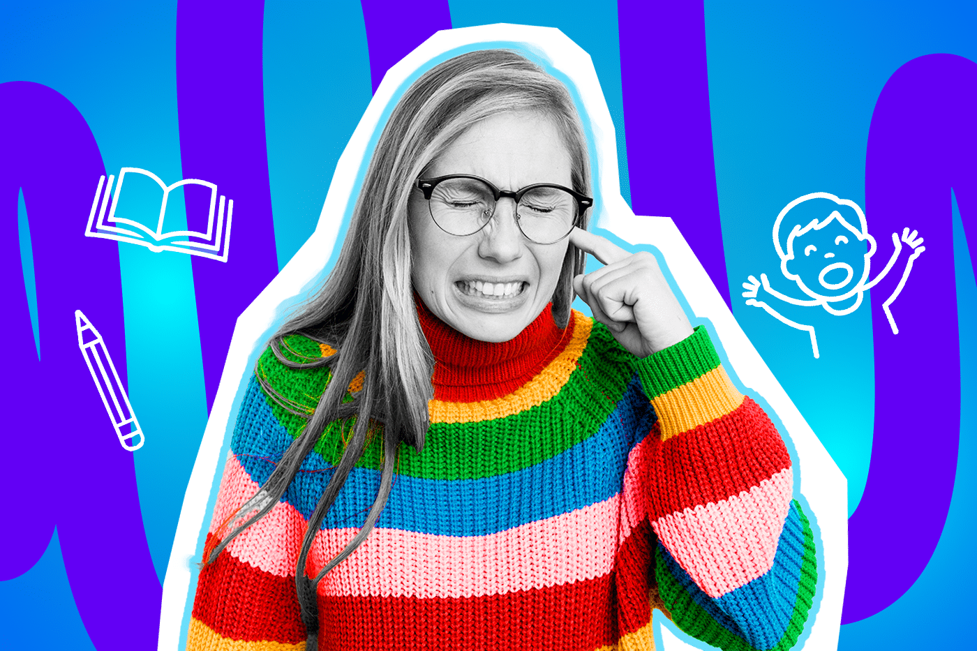 Humorvolle Collage zum Thema Schulstress und Lärmbelästigung: Eine extrem genervt und gestresst blickende Frau in Schwarz-Weiß mit Brille kneift die Augen schmerzverzerrt zusammen, fletscht die Zähne und hält sich verzweifelt mit dem Zeigefinger ein Ohr zu. Sie trägt einen leuchtend bunten, regenbogenfarben gestreiften Rollkragenpullover. Weiße Strichzeichnungen eines aufgeschlagenen Buches, eines Stiftes und eines laut schreienden Kindes sowie das Pop-Art-Motiv vor einem blau-violetten Wellen-Hintergrund visualisieren pointiert die pure Reizüberflutung, den ohrenbetäubenden Lärm im Klassenzimmer und den absoluten Ausnahmezustand namens Schulalltag.