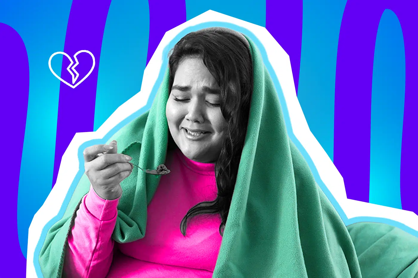 Ausdrucksstarke Collage zum Thema Single-Dasein und Liebeskummer: Eine weinend und verzweifelt dreinblickende Frau in Schwarz-Weiß hat sich tief in eine leuchtend türkisgrüne Kuscheldecke eingewickelt und isst frustriert von einem Löffel. Sie trägt ein knallpinkes Oberteil. Neben ihr schwebt ein weißes Icon eines gebrochenen Herzens. Das Pop-Art-Motiv vor einem blau-violetten Wellen-Hintergrund visualisiert humorvoll den Dating-Frust, die Einsamkeit und das klassische Frustessen an anstrengenden Single-Tagen.