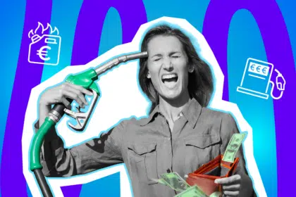 Moderne Grafik, die den kollektiven Nervenzusammenbruch an der Zapfsäule darstellt. Die Illustration fängt die aktuelle Ohnmacht der Autofahrer angesichts steigender Kosten perfekt ein. Ideal für satirische Blogbeiträge über Benzinpreise, den Umstieg aufs Lastenrad und den alltäglichen Schmerz beim Tanken.