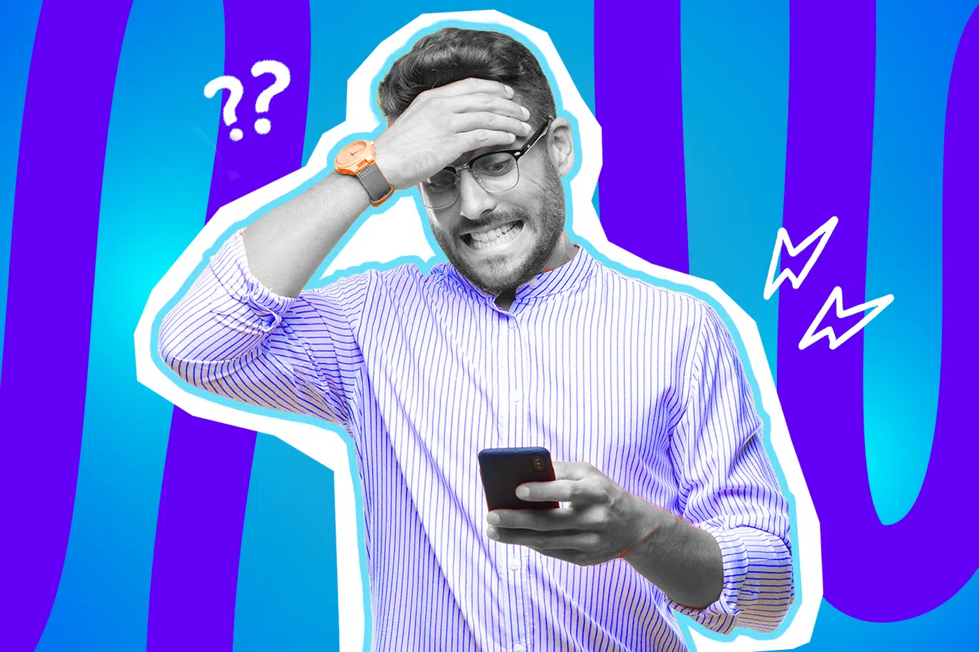 Humorvolle Collage zum Thema Technik-Frust, Smartphone-Fails und Überforderung im digitalen Alltag: Im Zentrum steht ein Mann in Schwarz-Weiß mit Brille, der verzweifelt und fassungslos auf sein Smartphone starrt. Er hat die Zähne fest zusammengebissen und schlägt sich vor lauter Frustration die Hand flach an die Stirn (Facepalm). Er trägt ein fein gestreiftes, helles Hemd und eine leuchtend orangefarbene Armbanduhr, die farblich stark hervortritt. Weiße Fragezeichen- und Blitz-Icons rund um seinen Kopf sowie das Pop-Art-Motiv vor einem markanten blau-violetten Wellen-Hintergrund visualisieren pointiert die absolute Verzweiflung, den klassischen Moment der digitalen Kapitulation und das universelle Gefühl, wenn der Drucker streikt oder man das WLAN aus Versehen gelöscht hat.