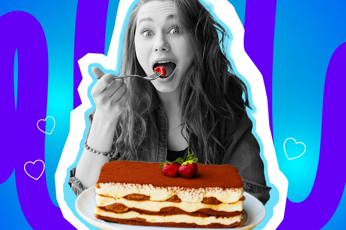 Humorvolle Collage zum Thema Dessert-Liebe und Food-Gatekeeping: Eine völlig begeistert und mit weit aufgerissenen Augen blickende Frau in Schwarz-Weiß führt voller Vorfreude eine knallrote Erdbeere auf einer Gabel zum Mund. Vor ihr prangt im starken farblichen Kontrast ein riesiges, saftiges Stück Tiramisu, klassisch geschichtet und mit Kakaopulver sowie frischen Erdbeeren garniert. Weiße Herz-Icons und das Pop-Art-Motiv vor einem markanten blau-violetten Wellen-Hintergrund visualisieren pointiert die pure, ungetrübte Liebe zu Süßspeisen – völlig unbeeindruckt von den strengen und absurden Internet-Regeln zur "einzig wahren" Zubereitung.