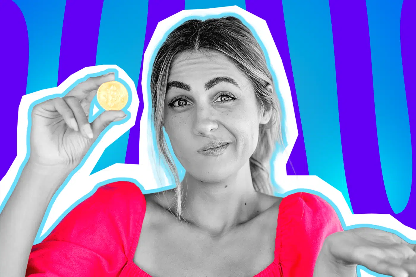 Ausdrucksstarke Collage zum Thema Trinkgeld und Wertschätzung in der Gastronomie: Eine skeptisch und fragend dreinblickende Frau in Schwarz-Weiß hält prüfend eine leuchtend goldene Münze in die Höhe, während ihre andere Hand ratlos geöffnet ist. Sie zieht skeptisch einen Mundwinkel nach oben und trägt ein knallpinkes Oberteil. Das Pop-Art-Motiv vor einem blau-violetten Wellen-Hintergrund visualisiert pointiert die ständige gesellschaftliche Unsicherheit beim Thema Trinkgeld, die Debatte um den Mindestlohn und die Frage, was uns guter Service eigentlich wert ist.