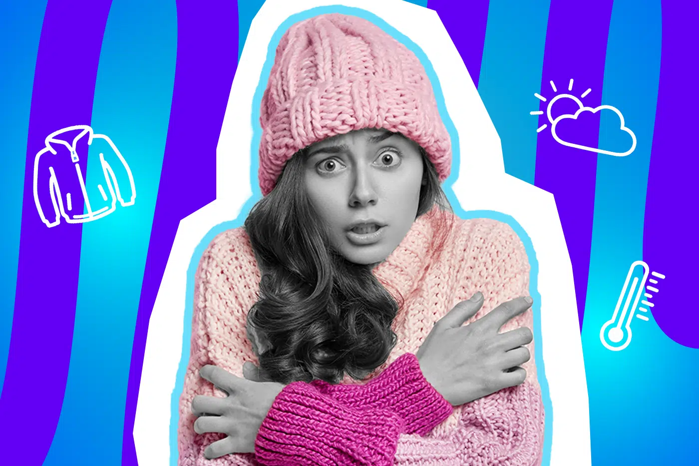 Humorvolle Collage einer frierenden Frau in Schwarz-Weiß, die eine rosa Strickmütze und einen dicken, rosa-pinken Pullover trägt. Sie hält sich fröstelnd die Arme, umgeben von weißen Icons einer Übergangsjacke, einer Wolke mit Sonne und einem Thermometer. Der Hintergrund ist blau-violett gestreift und thematisiert die wechselhaften Temperaturen im Frühling und Herbst.