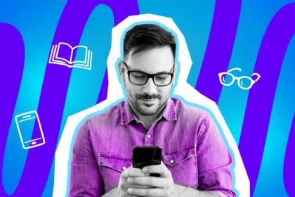 Moderne Grafik, die den modernen Medienkonsum darstellt. Ein Mann zieht kurze Text-Häppchen auf dem Handy dem klassischen Buch vor. Ideal für Blogbeiträge über sinkende Aufmerksamkeitsspannen, den Dopamin-Kick durch Social-Media-Feeds und humorvolle Anekdoten über ungelesene Bücherstapel.