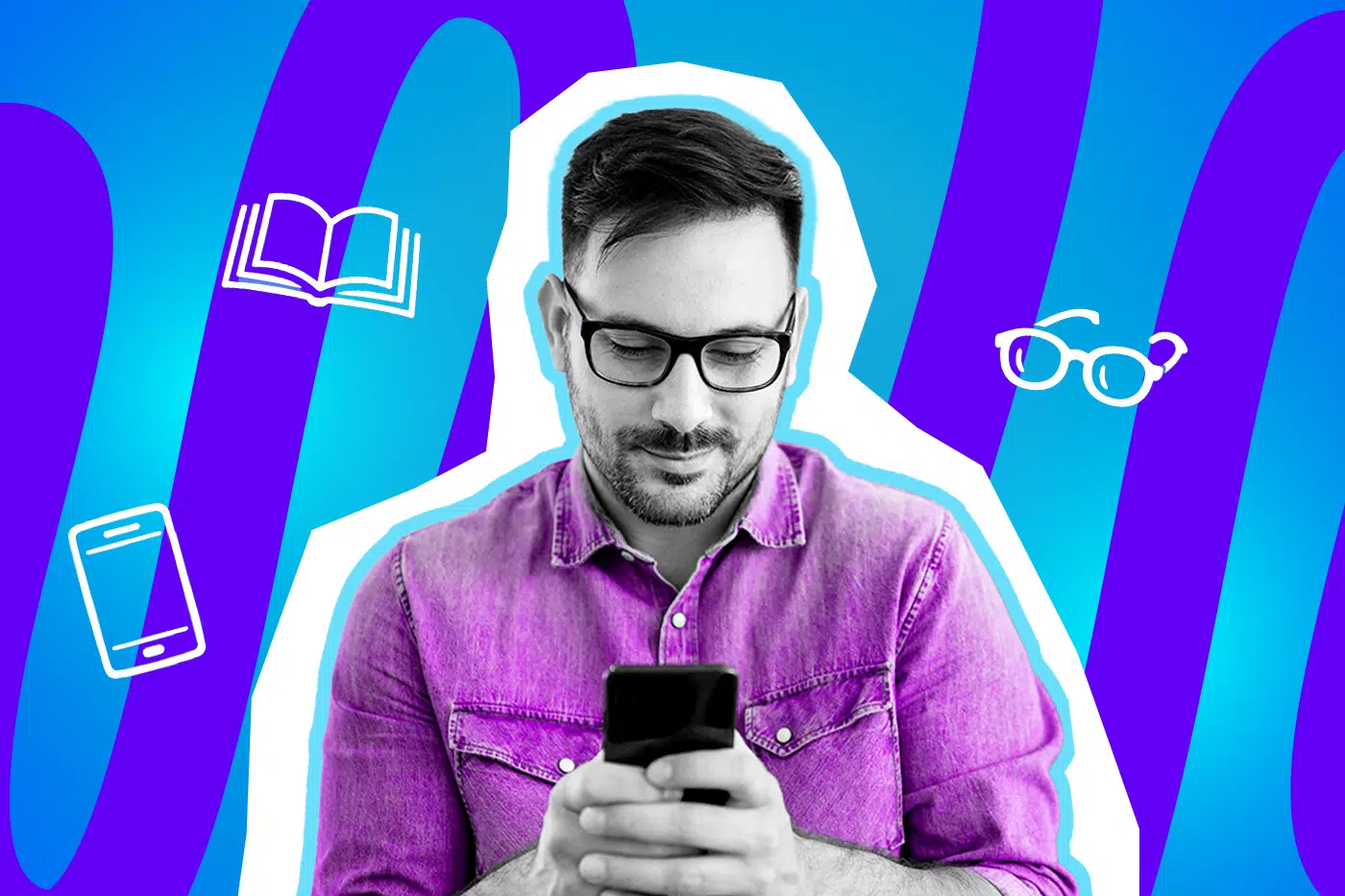 Moderne Grafik, die den modernen Medienkonsum darstellt. Ein Mann zieht kurze Text-Häppchen auf dem Handy dem klassischen Buch vor. Ideal für Blogbeiträge über sinkende Aufmerksamkeitsspannen, den Dopamin-Kick durch Social-Media-Feeds und humorvolle Anekdoten über ungelesene Bücherstapel.