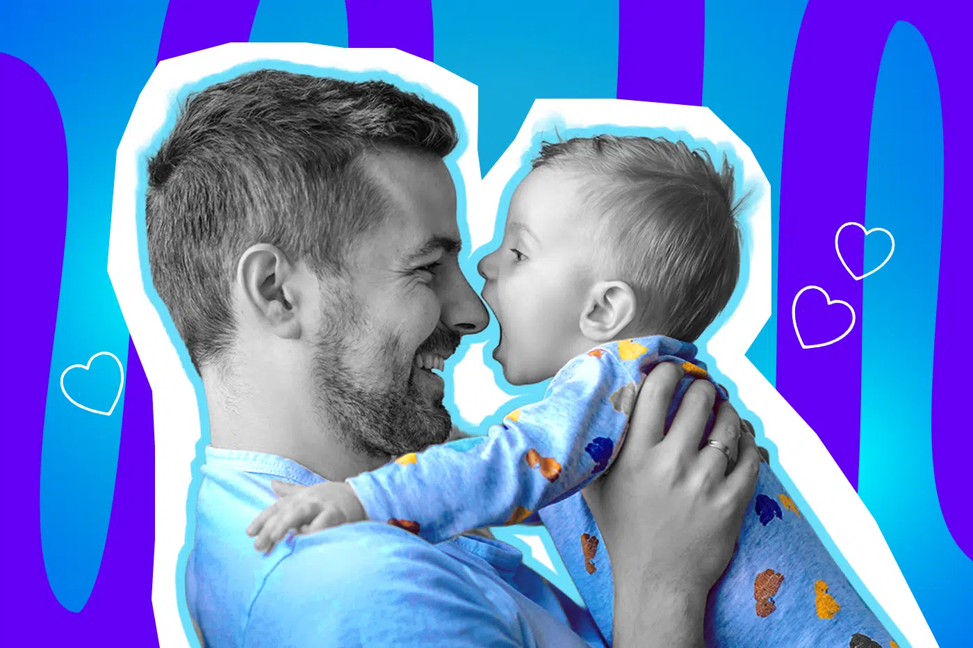 Liebevolle Collage zum Thema Vaterschaft: Ein glücklich lächelnder Vater in Schwarz-Weiß hält sein Baby innig in den Armen, sodass sich ihre Nasenspitzen fast berühren. Der Vater trägt ein hellblaues T-Shirt, das Kind ein blaues Oberteil mit bunten Sprenkeln. Weiße Herz-Icons und das Pop-Art-Motiv vor einem blau-violetten Wellen-Hintergrund visualisieren die starke Vater-Kind-Bindung und setzen einen positiven, emotionalen Kontrast zum gesellschaftlichen „Papa-Bashing“.