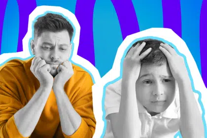 Humorvolle Collage zum Thema überforderte Eltern: Ein besorgt blickender Mann in einem senfgelben Pullover stützt ahnungslos das Kinn auf die Hände. Daneben fasst sich ein gestresst wirkender Junge in Schwarz-Weiß verzweifelt an den Kopf. Das Motiv vor einem markanten blau-violetten Wellen-Hintergrund visualisiert humorvoll den elterlichen "Mental Load" und vergessene Fakten beim Kinderarzt.