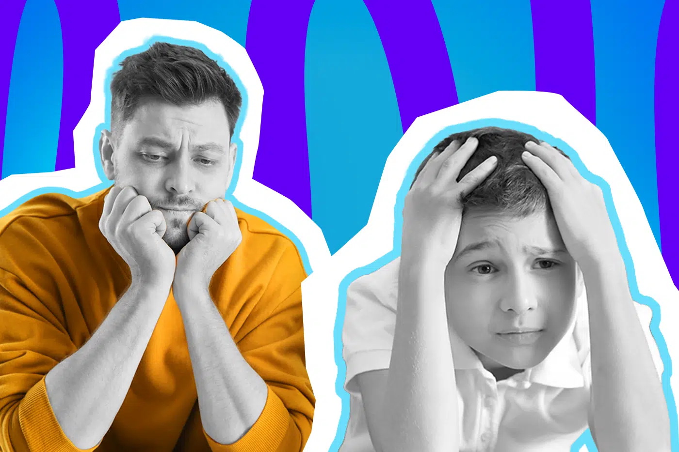 Humorvolle Collage zum Thema überforderte Eltern: Ein besorgt blickender Mann in einem senfgelben Pullover stützt ahnungslos das Kinn auf die Hände. Daneben fasst sich ein gestresst wirkender Junge in Schwarz-Weiß verzweifelt an den Kopf. Das Motiv vor einem markanten blau-violetten Wellen-Hintergrund visualisiert humorvoll den elterlichen "Mental Load" und vergessene Fakten beim Kinderarzt.