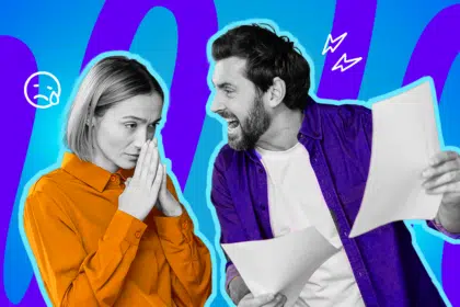 Moderne Grafik, die eine Szene am Arbeitsplatz darstellt, in der theoretische Diversitätswerte im Kontrast zur Realität stehen. Ein Mann verliert die Beherrschung gegenüber einer Kollegin und weist ihr administrative Aufgaben zu. Ideal für Blogbeiträge über die Herausforderungen der Gleichberechtigung im Berufsalltag, stereotype Aufgabenverteilung, überholte Rollenbilder und den schmerzhaften Umgang mit fehlender Wertschätzung im Büro.