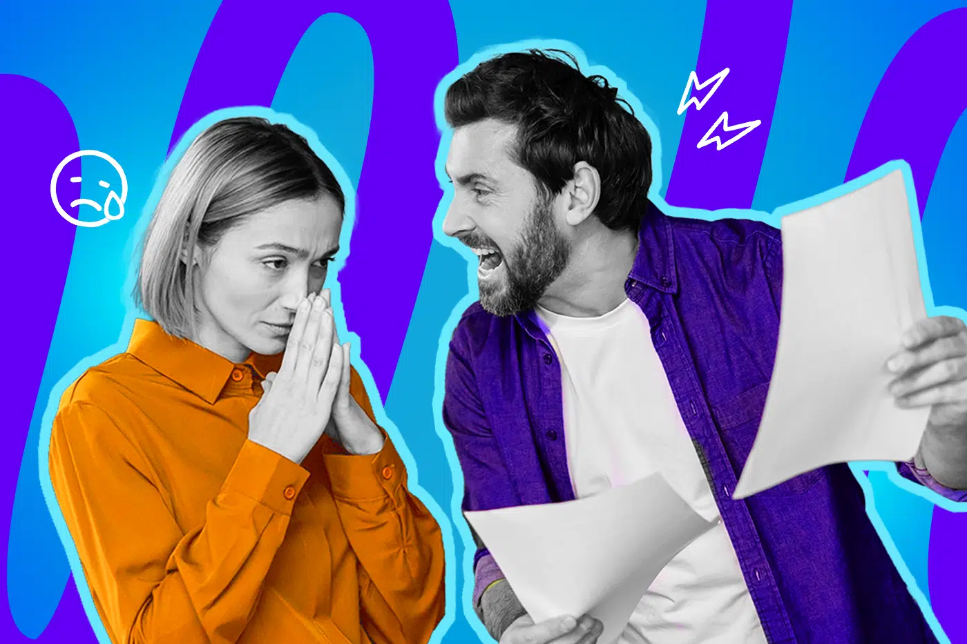 Moderne Grafik, die eine Szene am Arbeitsplatz darstellt, in der theoretische Diversitätswerte im Kontrast zur Realität stehen. Ein Mann verliert die Beherrschung gegenüber einer Kollegin und weist ihr administrative Aufgaben zu. Ideal für Blogbeiträge über die Herausforderungen der Gleichberechtigung im Berufsalltag, stereotype Aufgabenverteilung, überholte Rollenbilder und den schmerzhaften Umgang mit fehlender Wertschätzung im Büro.