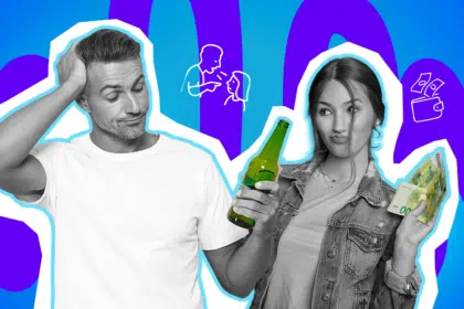 Moderne Grafik, die den moralischen Konflikt beim Thema Alkohol darstellt. Eine Frau wedelt triumphierend mit Geldscheinen und einem Bier vor einem skeptischen Mann. Ideal für Blogbeiträge über das Jugendschutzgesetz, erste Erfahrungen mit Alkohol, Dorffeste und humorvolle Aufreger-Geschichten.