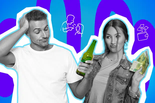 Moderne Grafik, die den moralischen Konflikt beim Thema Alkohol darstellt. Eine Frau wedelt triumphierend mit Geldscheinen und einem Bier vor einem skeptischen Mann. Ideal für Blogbeiträge über das Jugendschutzgesetz, erste Erfahrungen mit Alkohol, Dorffeste und humorvolle Aufreger-Geschichten.