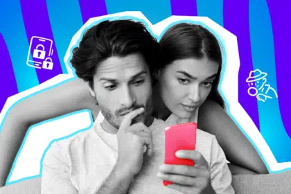 Moderne Grafik, die den schmalen Grat zwischen Vertrauen und Neugier in der Liebe darstellt. Eine Frau liest heimlich die Nachrichten ihres Partners mit. Ideal für Blogbeiträge über offene Handy-Richtlinien bei Paaren, Kontrollzwang, Eifersucht und persönliche Grenzen im digitalen Zeitalter.