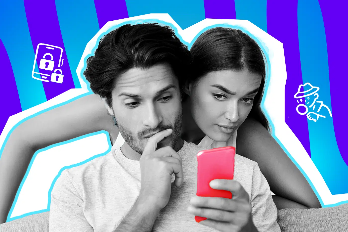 Moderne Grafik, die den schmalen Grat zwischen Vertrauen und Neugier in der Liebe darstellt. Eine Frau liest heimlich die Nachrichten ihres Partners mit. Ideal für Blogbeiträge über offene Handy-Richtlinien bei Paaren, Kontrollzwang, Eifersucht und persönliche Grenzen im digitalen Zeitalter.