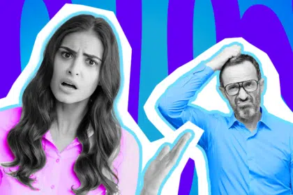 Ausdrucksstarke Collage zum Thema dreiste Sprüche: Eine schockierte Frau in Schwarz-Weiß mit einem leuchtend pinken Oberteil blickt fassungslos und gestikuliert abwehrend. Daneben kratzt sich ein ahnungslos wirkender, älterer Mann in einem hellblauen Hemd verwirrt am Kopf. Das Motiv vor einem blau-violetten Wellen-Hintergrund visualisiert die Sprachlosigkeit nach unverschämten oder übergriffigen Bemerkungen.