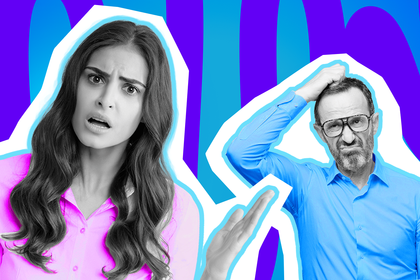 Ausdrucksstarke Collage zum Thema dreiste Sprüche: Eine schockierte Frau in Schwarz-Weiß mit einem leuchtend pinken Oberteil blickt fassungslos und gestikuliert abwehrend. Daneben kratzt sich ein ahnungslos wirkender, älterer Mann in einem hellblauen Hemd verwirrt am Kopf. Das Motiv vor einem blau-violetten Wellen-Hintergrund visualisiert die Sprachlosigkeit nach unverschämten oder übergriffigen Bemerkungen.