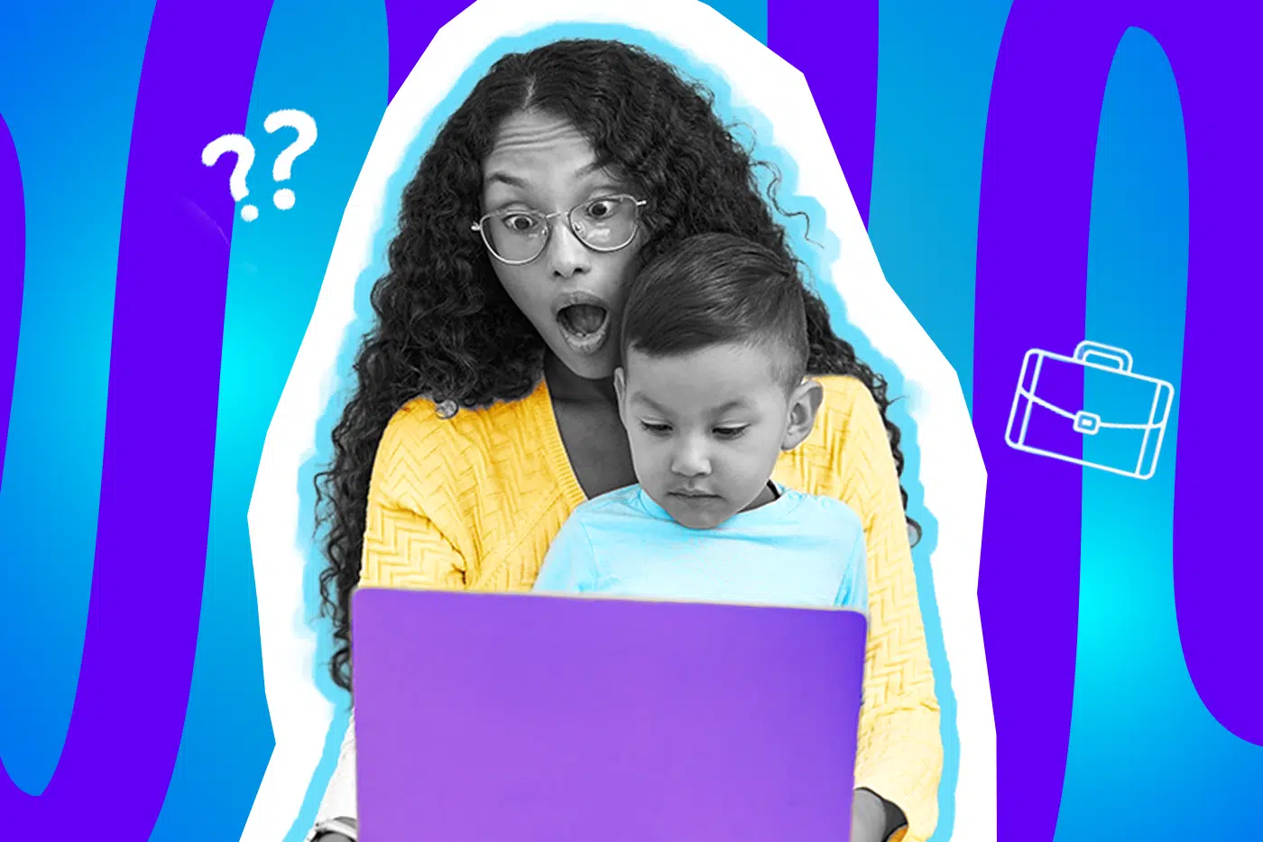 Humorvolle Collage zum Thema Jobsuche und Familienalltag: Eine schockiert blickende Frau mit Brille in Schwarz-Weiß trägt ein leuchtend gelbes Oberteil und starrt fassungslos mit offenem Mund auf einen lila Laptop. Vor ihr sitzt ein kleines Kind in einem hellblauen Shirt, das ebenfalls auf den Bildschirm schaut. Weiße Icons eines Aktenkoffers und Fragezeichen schweben vor dem blau-violetten Wellen-Hintergrund und visualisieren das unberechenbare Chaos aus unangekündigten Bewerbungsgesprächen und fehlender Kinderbetreuung.