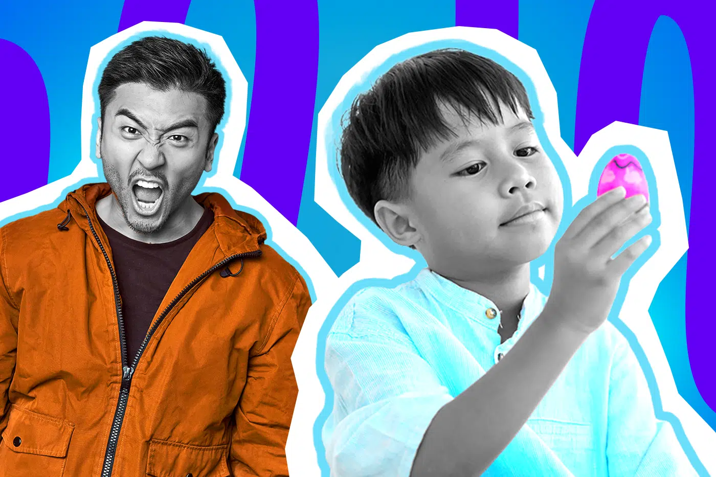 Ausdrucksstarke Collage zum Thema Geschlechterklischees: Auf der linken Seite steht ein wütend schreiender Mann in Schwarz-Weiß, der eine leuchtend orangefarbene Jacke trägt. Rechts daneben betrachtet ein Junge in Schwarz-Weiß mit einem hellblauen Hemd völlig unbeeindruckt und neugierig ein knallpinkes Schoko-Ei in seiner Hand. Das Pop-Art-Motiv vor einem blau-violetten Wellen-Hintergrund visualisiert humorvoll und pointiert die absurde Aufregung von Erwachsenen über vermeintliche „Mädchenfarben“ und veraltete Rollenbilder.