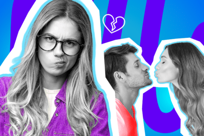 Ausdrucksstarke Collage zum Thema toxische Beziehungen: Auf der linken Seite blickt eine Frau mit Brille und lilafarbenem Hemd in Schwarz-Weiß skeptisch und genervt drein. Auf der rechten Seite beugt sich ein Mann in einem leuchtend pink-roten T-Shirt zu einer anderen Frau, um sie zu küssen. Zwischen den Parteien schwebt ein weißes Icon eines gebrochenen Herzens. Das Pop-Art-Motiv vor einem blau-violetten Wellen-Hintergrund visualisiert Dreiecksbeziehungen, Respektlosigkeit und das Erkennen von "Red Flags" beim Ex-Partner.