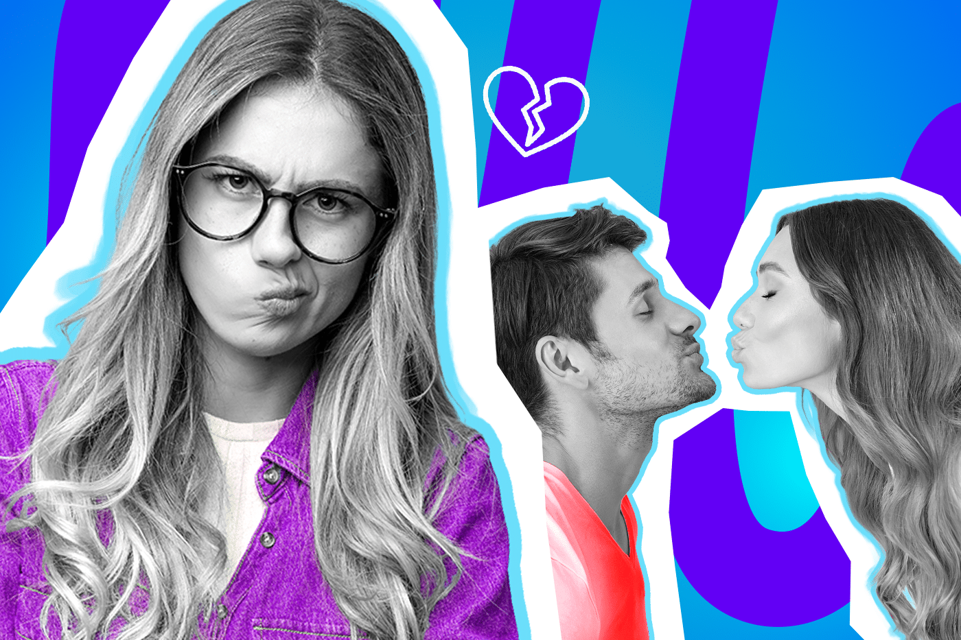 Ausdrucksstarke Collage zum Thema toxische Beziehungen: Auf der linken Seite blickt eine Frau mit Brille und lilafarbenem Hemd in Schwarz-Weiß skeptisch und genervt drein. Auf der rechten Seite beugt sich ein Mann in einem leuchtend pink-roten T-Shirt zu einer anderen Frau, um sie zu küssen. Zwischen den Parteien schwebt ein weißes Icon eines gebrochenen Herzens. Das Pop-Art-Motiv vor einem blau-violetten Wellen-Hintergrund visualisiert Dreiecksbeziehungen, Respektlosigkeit und das Erkennen von "Red Flags" beim Ex-Partner.