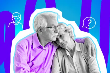 Moderne Grafik, die den emotionalen Schmerz bei schleichendem Gedächtnisverlust darstellt. Ein Mann tröstet seine Partnerin, was die große emotionale Belastung für Angehörige von Demenzkranken zeigt. Ideal für tiefgründige Blogbeiträge über Alzheimer, das Bewahren von Erinnerungen, Pflege und familiären Zusammenhalt in schweren Zeiten.