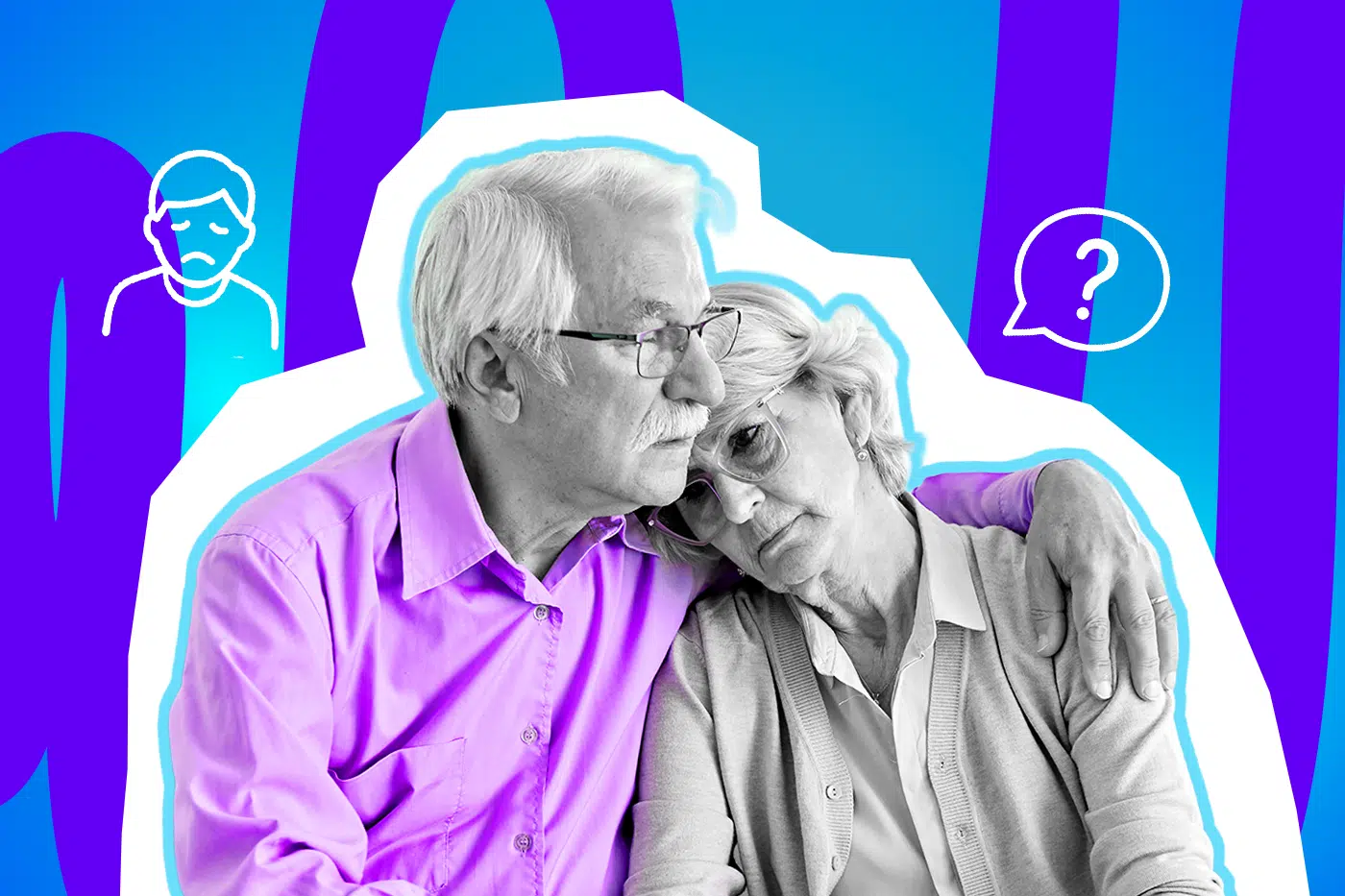 Moderne Grafik, die den emotionalen Schmerz bei schleichendem Gedächtnisverlust darstellt. Ein Mann tröstet seine Partnerin, was die große emotionale Belastung für Angehörige von Demenzkranken zeigt. Ideal für tiefgründige Blogbeiträge über Alzheimer, das Bewahren von Erinnerungen, Pflege und familiären Zusammenhalt in schweren Zeiten.