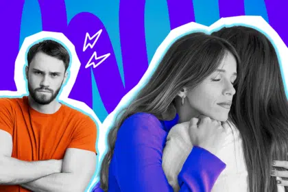 Moderne Grafik, die den Ausbruch aus einer ungesunden Partnerschaft darstellt. Eine Frau findet Halt bei einer Freundin, abgewandt von einem aggressiv wirkenden Partner. Ideal für tiefgründige Blogbeiträge über toxische Ehen, emotionale Abhängigkeit, das Helfen von Freunden in Not und Red Flags in der Liebe.