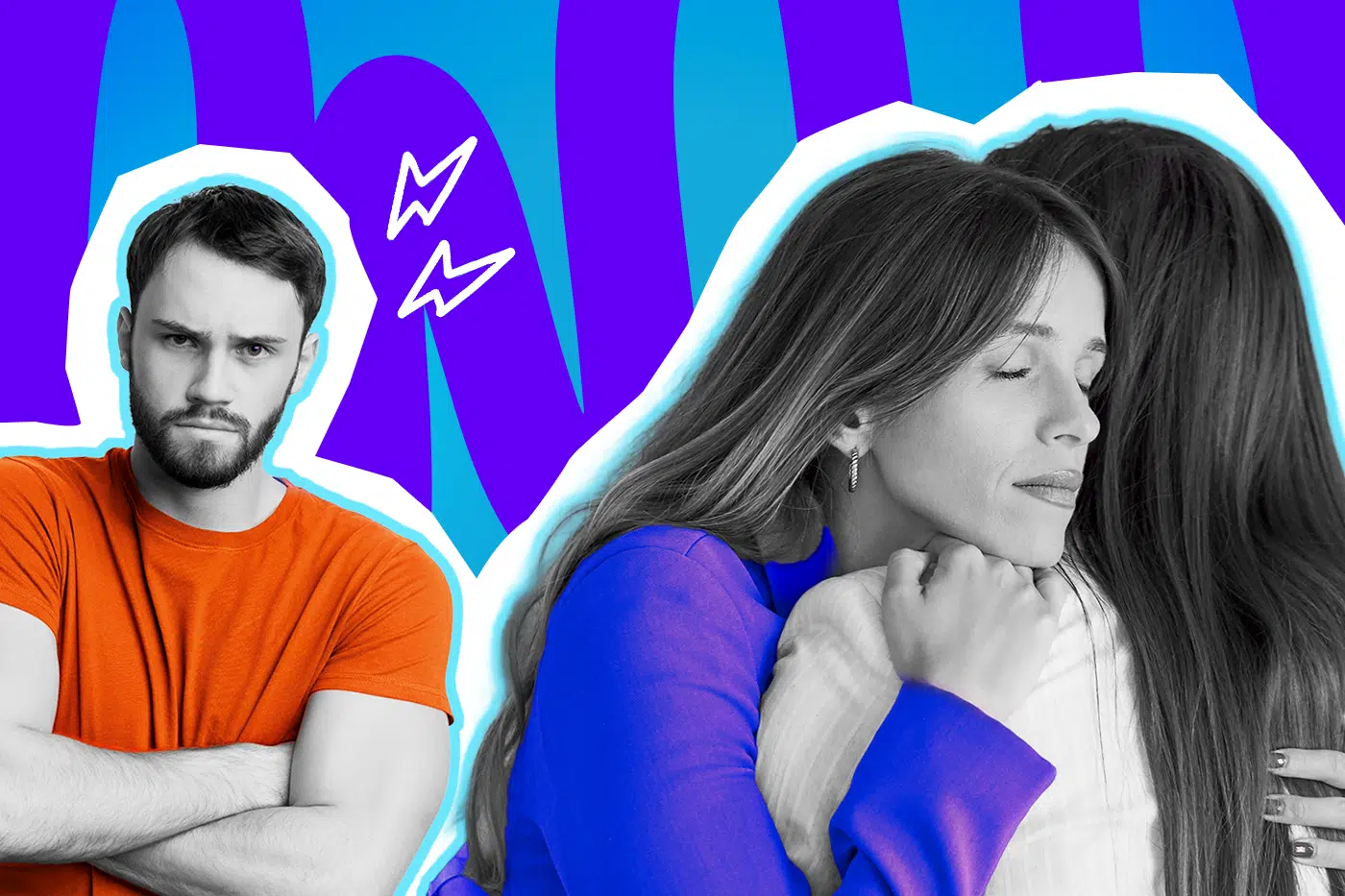 Moderne Grafik, die den Ausbruch aus einer ungesunden Partnerschaft darstellt. Eine Frau findet Halt bei einer Freundin, abgewandt von einem aggressiv wirkenden Partner. Ideal für tiefgründige Blogbeiträge über toxische Ehen, emotionale Abhängigkeit, das Helfen von Freunden in Not und Red Flags in der Liebe.