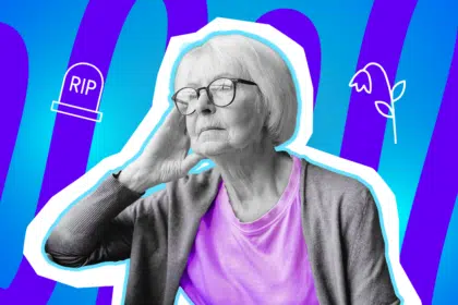 Eine ältere Frau mit Brille blickt nachdenklich und leicht traurig zur Seite. Die Pop-Art-Illustration symbolisiert Einsamkeit im Alter, die Stille nach einem Verlust und die Bedeutung von Aufmerksamkeit und Empathie in der Nachbarschaft.