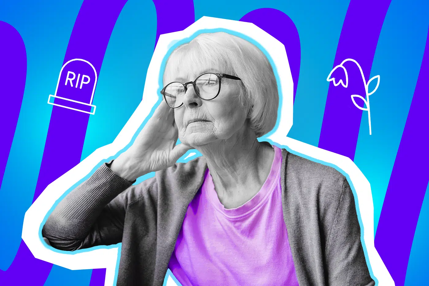 Eine ältere Frau mit Brille blickt nachdenklich und leicht traurig zur Seite. Die Pop-Art-Illustration symbolisiert Einsamkeit im Alter, die Stille nach einem Verlust und die Bedeutung von Aufmerksamkeit und Empathie in der Nachbarschaft.