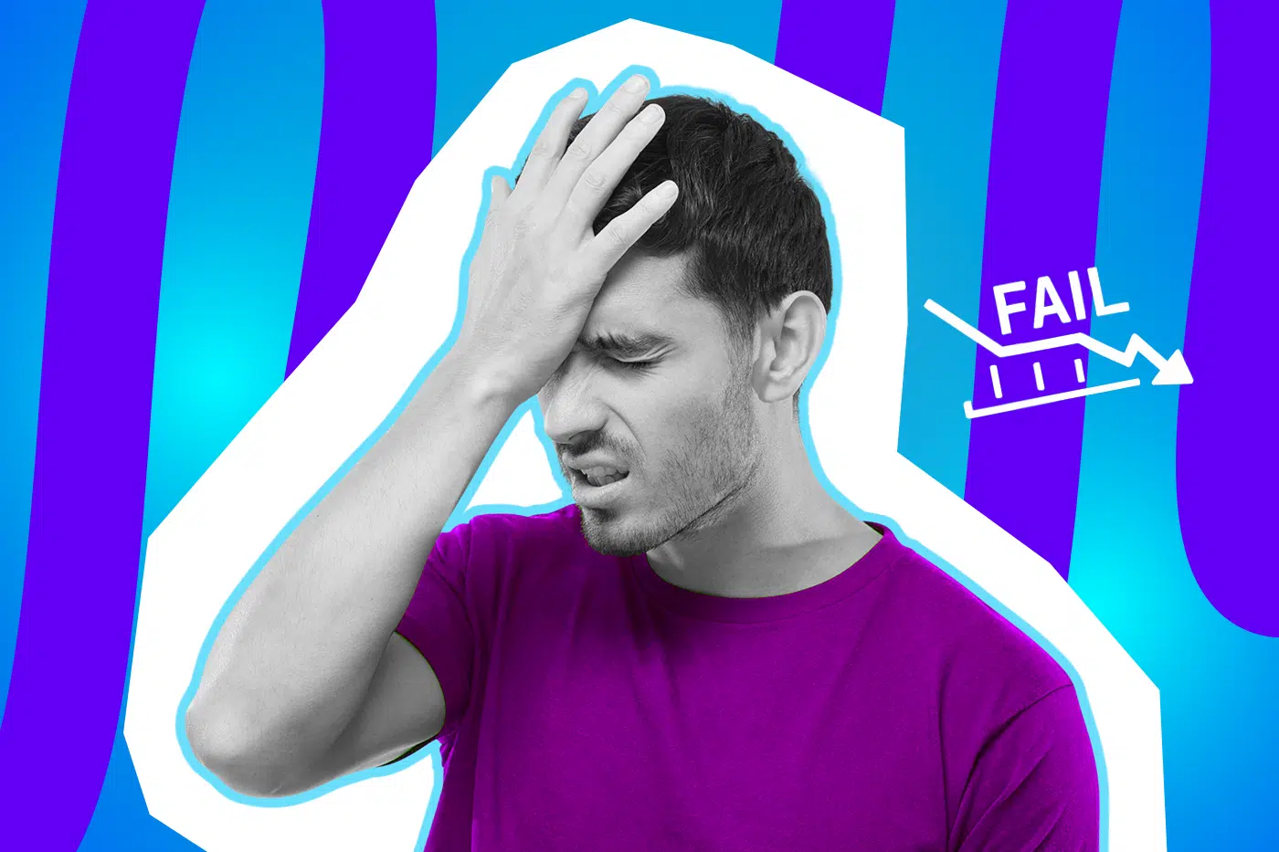 Ein humorvolles Motiv eines Mannes in Schwarz-Weiß, der sich fassungslos die Hand vor die Stirn schlägt (Facepalm). Er trägt ein lila T-Shirt vor einem blau-violett gestreiften Hintergrund. Rechts neben ihm schwebt ein weißes Grafik-Icon mit einem fallenden Graphen und dem Wort „FAIL“, was peinliche Alltagsfehler und späte Erkenntnisse symbolisiert.