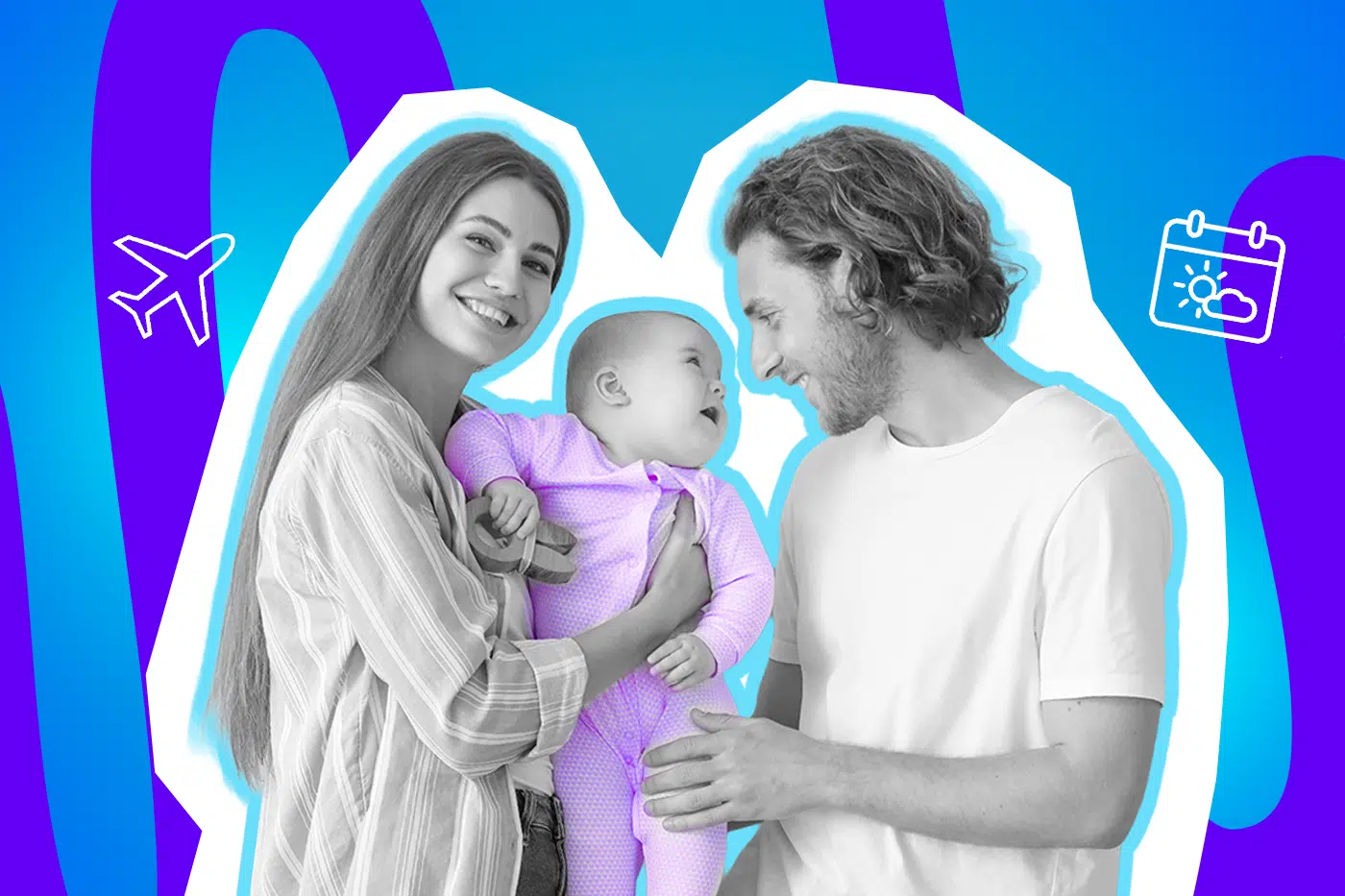 Moderne Grafik einer lächelnden Familie, die den Mittelpunkt der Ferienplanung darstellt. Inklusive minimalistischem Symbol für den Urlaubskalender. Ideal für Blogbeiträge über Ferienbetreuung, Absprachen unter Kollegen und die Organisation des Familienalltags.