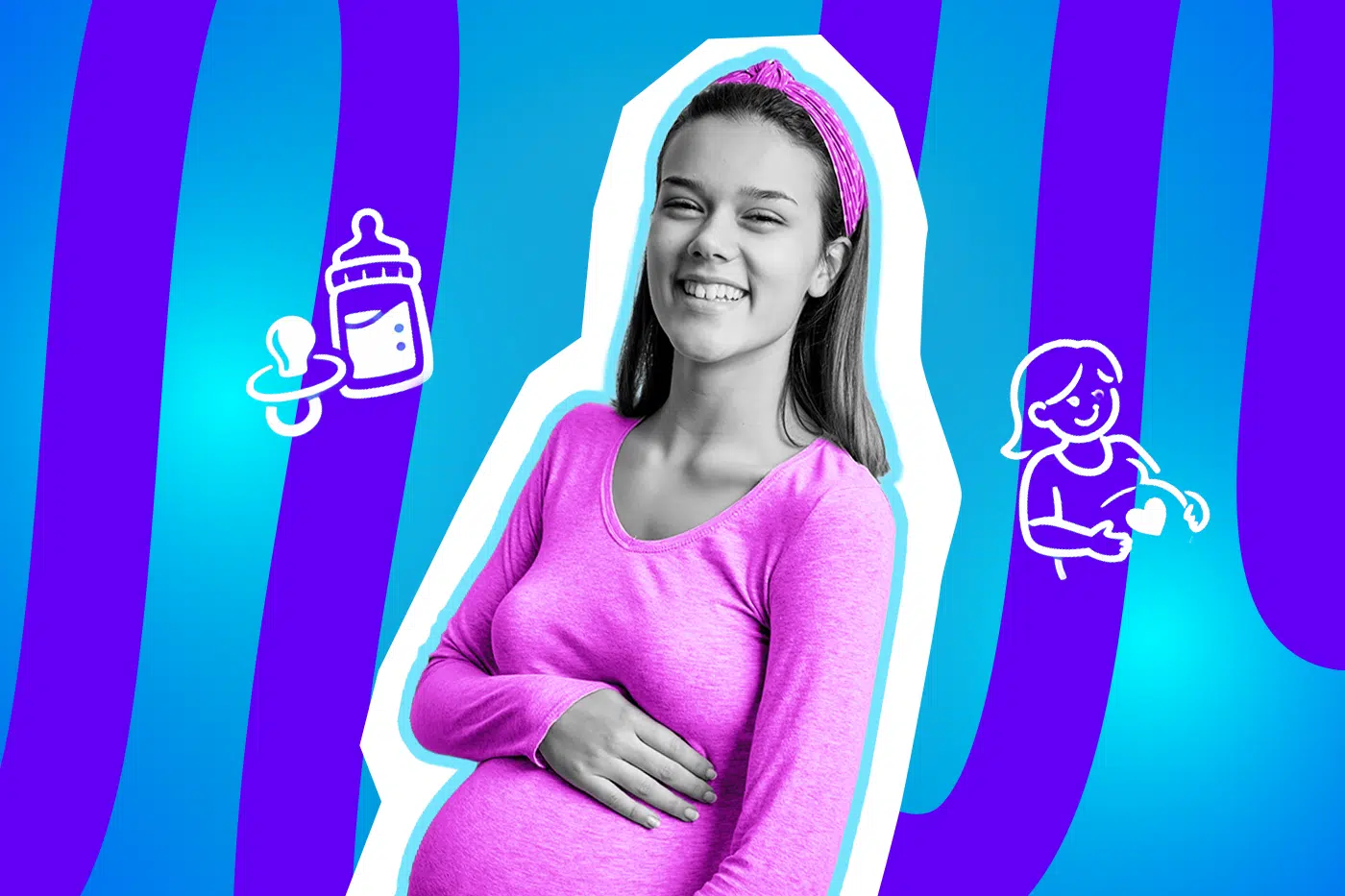 Ermutigende Collage zum Thema junge Mutterschaft: Eine fröhlich lächelnde, schwangere junge Frau in Schwarz-Weiß hält schützend ihre Hand auf den Babybauch. Sie trägt ein leuchtend pinkes Langarmshirt und ein passendes Haarband. Um sie herum schweben weiße Icons einer Babyflasche mit Schnuller sowie das Symbol einer Schwangeren mit Herz. Das Motiv vor einem blau-violetten Wellen-Hintergrund visualisiert Zuversicht und die Stärke junger Mütter.