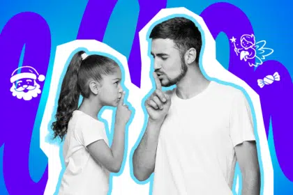 Moderne Grafik, die augenzwinkernd verschwörerische Geheimnisse im Familienleben darstellt. Das Motiv passt perfekt zu lustigen Anekdoten über kleine Flunkereien von Eltern. Ideal für Blogbeiträge über Erziehungs-Hacks, das Überleben mit Kleinkindern und humorvolle Mama- oder Papa-Geschichten.