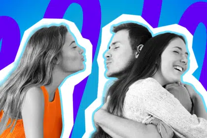 Moderne Grafik, die den ultimativen Vertrauensbruch darstellt: Ein Mann betrügt seine ahnungslose Freundin, während er sie im Arm hält. Ideal für Blogbeiträge über absurde Fremdgeh-Storys, Red Flags beim Dating, Liebeskummer und den toxischen Kreislauf von Dating-Apps.