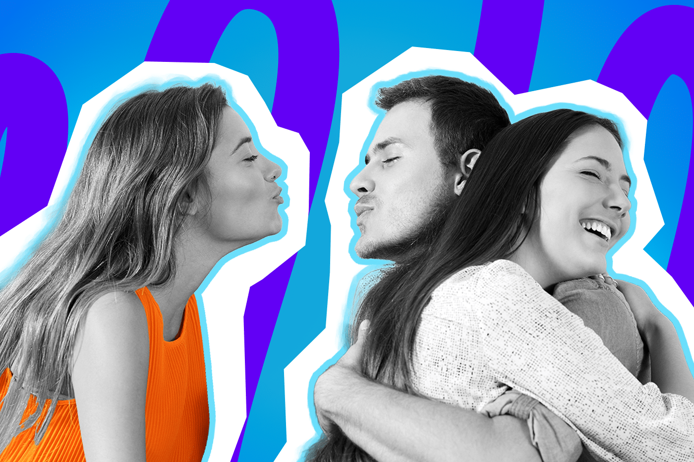 Moderne Grafik, die den ultimativen Vertrauensbruch darstellt: Ein Mann betrügt seine ahnungslose Freundin, während er sie im Arm hält. Ideal für Blogbeiträge über absurde Fremdgeh-Storys, Red Flags beim Dating, Liebeskummer und den toxischen Kreislauf von Dating-Apps.