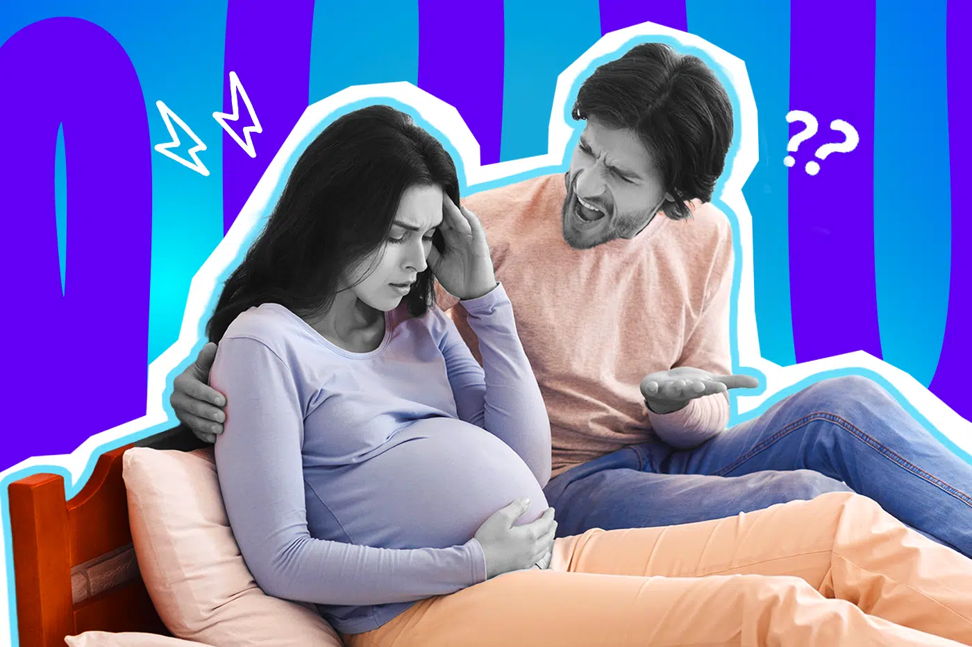 Ausdrucksstarke Collage zum Thema Geburtsvorbereitung, Kliniktasche und Mental Load: Auf der linken Seite sitzt eine hochschwangere Frau, deren Gesicht und Hände in Schwarz-Weiß gehalten sind, auf einem Bett. Sie fasst sich völlig erschöpft und gestresst an den Kopf, während sie mit der anderen Hand ihren runden Bauch stützt. Ihre Kleidung tritt farblich extrem stark hervor: Sie trägt ein hellviolettes Oberteil und eine pfirsichfarbene Hose. Rechts daneben sitzt ein Mann in Schwarz-Weiß, der fordernd und meckernd auf sie einredet und dabei mit geöffneter Hand eine verständnislose Geste macht. Er trägt einen lachsfarbenen Pullover und blaue Jeans. Weiße Blitz-Icons über der Frau und Fragezeichen-Icons über dem Mann sowie das Pop-Art-Motiv vor einem markanten blau-violetten Wellen-Hintergrund visualisieren pointiert die absurde Erwartungshaltung und den völlig unausgeglichenen Mental Load, wenn die hochschwangere Frau kurz vor der Entbindung angeblich auch noch die Kliniktasche für ihren völlig unselbstständigen Partner packen soll.