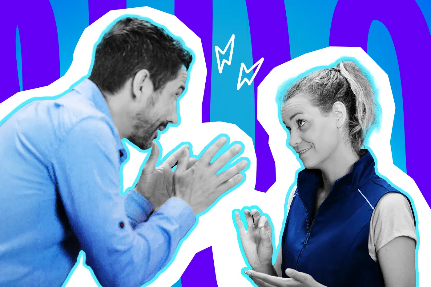 Ein aggressiv gestikulierender Kunde im blauen Hemd redet auf eine sichtlich bemühte Verkäuferin ein, die ein gezwungenes Lächeln aufgesetzt hat. Die Pop-Art-Illustration mit gezeichneten Blitzen fängt humorvoll die absurde Dynamik, den Stress im Einzelhandel und Begegnungen mit völlig verrückten Kunden ein.