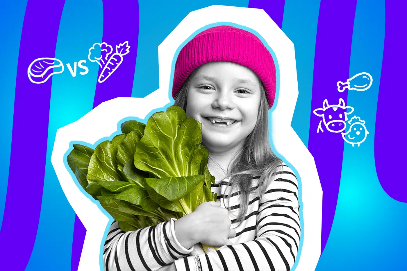 Humorvolle Collage zum Thema vegetarische Kinderernährung: Ein fröhlich lachendes Kind in Schwarz-Weiß mit pinker Mütze hält stolz ein großes Bund grünes Blattgemüse im Arm. Umgeben ist das Motiv von illustrierten Icons, die den Kontrast zwischen Fleisch (Steak, Keule) und Gemüse (Karotte, Brokkoli) sowie landwirtschaftliche Tiere symbolisieren. Moderner Stil vor blau-violettem Hintergrund.