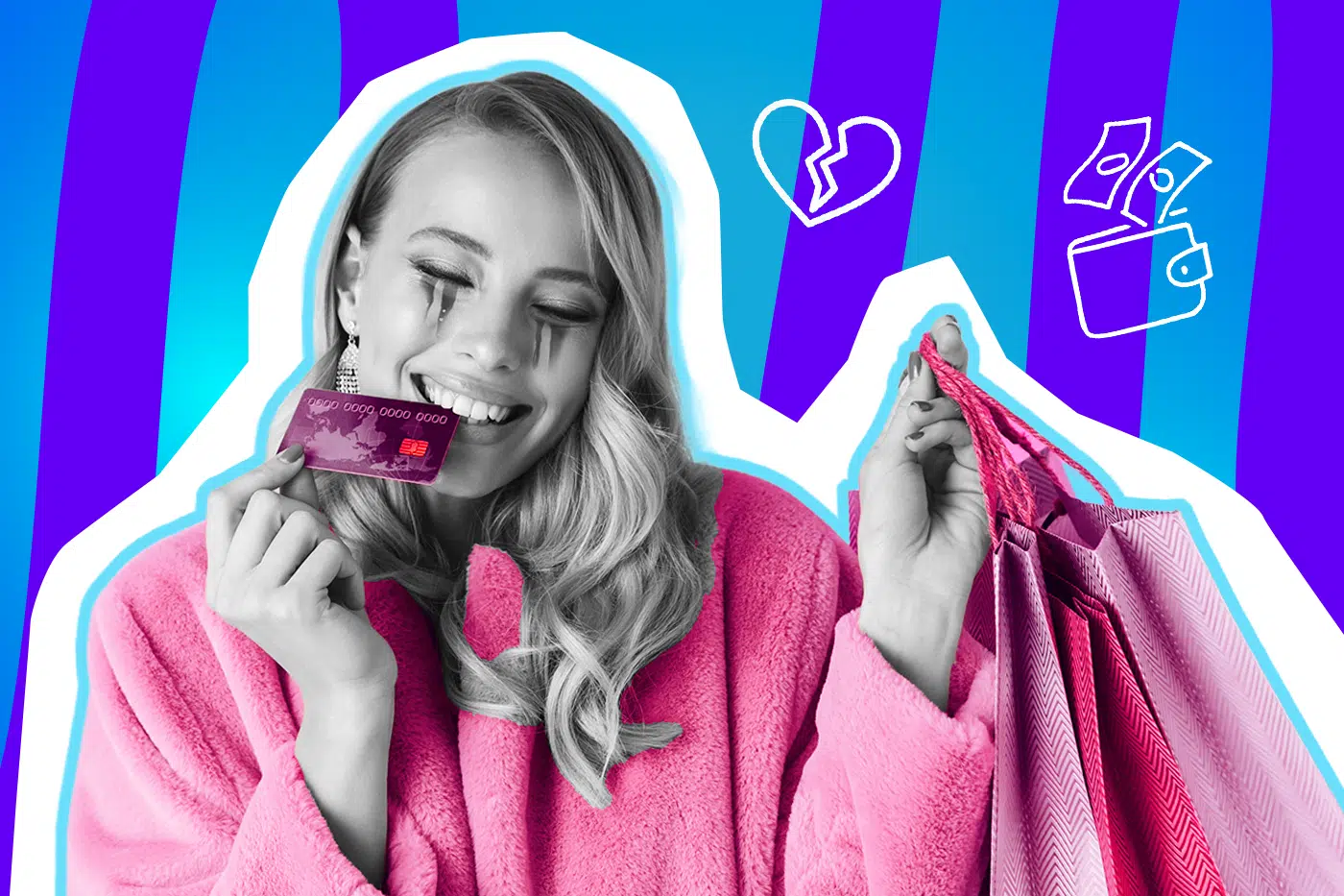 Humorvolle Collage zum Thema Frustshoppen nach der Trennung: Eine Frau in Schwarz-Weiß mit dramatisch verlaufenem Make-up (Tränen) strahlt glücklich, während sie auf eine violette Kreditkarte beißt. Sie trägt einen flauschigen, leuchtend pinken Mantel und hält volle pinke Shopping-Tüten in der Hand. Weiße Icons eines gebrochenen Herzens und eines Portemonnaies, aus dem Geld fliegt, unterstreichen das Thema "Retail Therapy". Das Pop-Art-Motiv steht vor einem blau-violetten Wellen-Hintergrund.